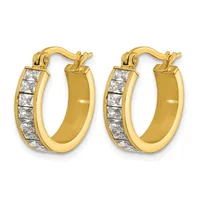 A pair of gold hoop earrings with square-cut cubic zirconia stones set along one side, shown from the front against a white background.