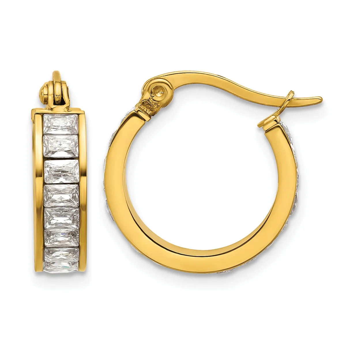 A pair of gold hoop earrings with rectangular white crystal stones set along the front surface, shown from front and side views.