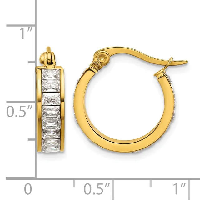 Gold-plated hoop earrings with rectangular clear crystal stones set along the front, displayed next to a ruler showing approximately one inch in length.
