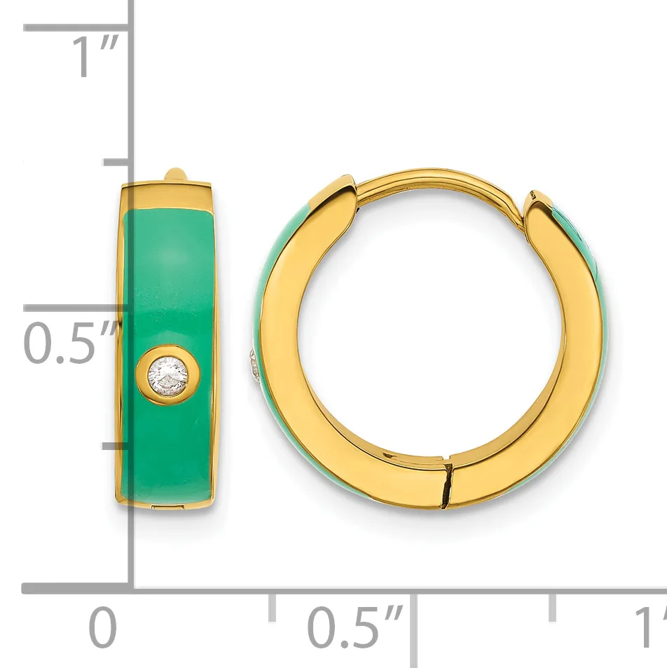 Gold hoop earrings with green enamel panels and small diamond accents, shown with a ruler for scale indicating approximately one inch in length.