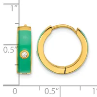 Gold hoop earrings with green enamel panels and small diamond accents, shown with a ruler for scale indicating approximately one inch in length.