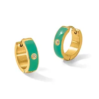 A pair of gold hoop earrings with green enamel panels and small diamond accents, shown from two angles.