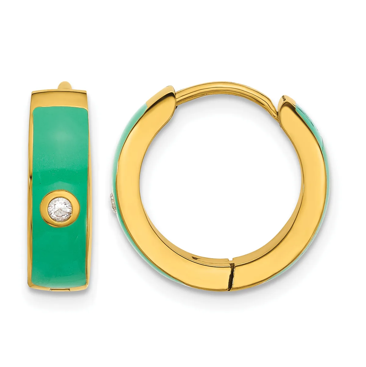 A pair of gold hoop earrings with green enamel coating and a small diamond accent, shown from front and side views.