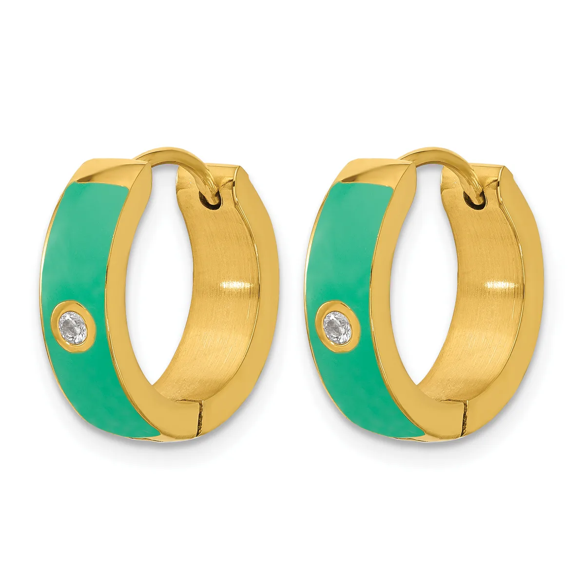 A pair of gold-plated huggie hoop earrings with turquoise enamel panels and small diamond accents, shown from the front.