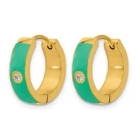 A pair of gold-plated huggie hoop earrings with turquoise enamel panels and small diamond accents, shown from the front.