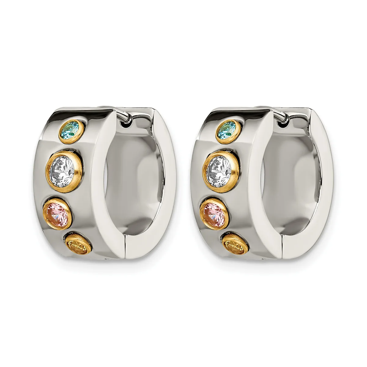 A pair of silver hoop earrings with gold-bezel set colorful gemstones in a vertical line down each earring.