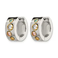 A pair of silver hoop earrings with gold-bezel set colorful gemstones in a vertical line down each earring.