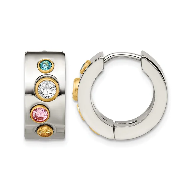 A pair of two-tone hoop earrings with a wide polished band featuring four colored gemstones set in gold bezels along the outer edge.