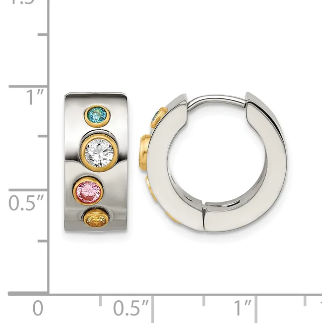 Silver and gold huggie hoop earrings with four stacked colored gemstones including blue topaz, clear, pink, and yellow stones, shown next to a measurement ruler.