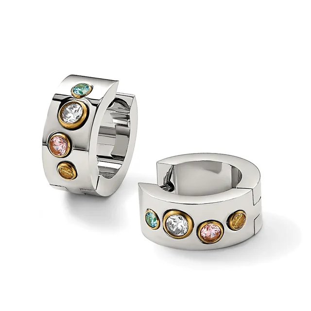 A pair of silver chunky hoop earrings with gold-bezel-set colored gemstones in aqua, clear, pink, and golden tones arranged vertically along each earring.