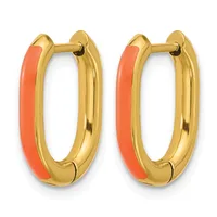 A pair of gold-toned oval hoop earrings with coral-colored enamel inlay on the front surface, shown against a white background.