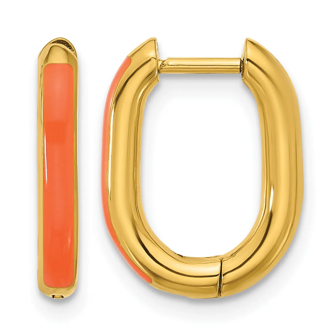 A pair of gold hoop earrings with coral or red enamel inlay on the inner surface, shown from front and side angles.