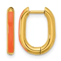 A pair of gold hoop earrings with coral or red enamel inlay on the inner surface, shown from front and side angles.