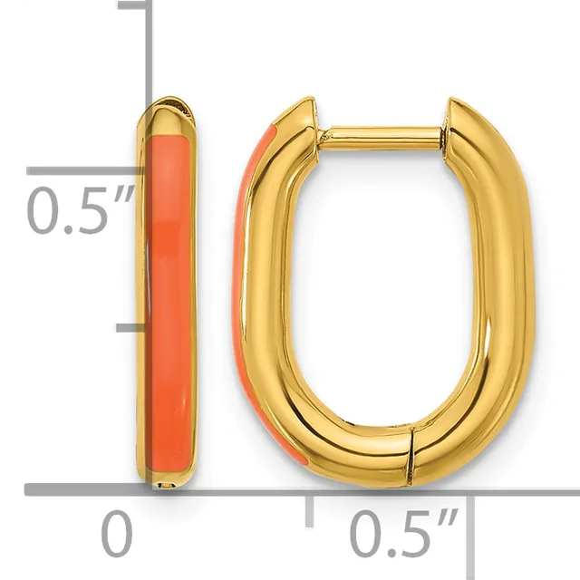 Pair of gold-toned hoop earrings with coral enamel inlay on the inner surface, displayed with a measurement scale showing approximately 0.5 inches in height and width.