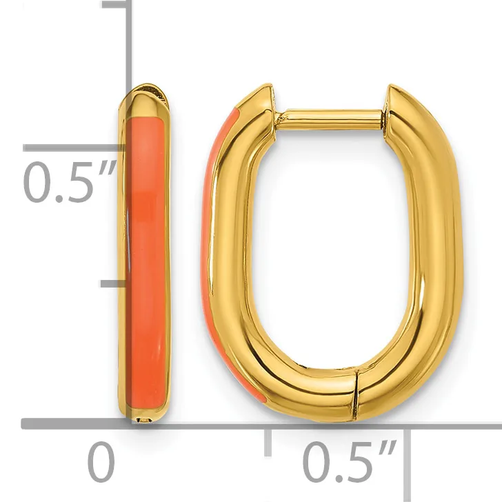 Pair of gold-toned hoop earrings with coral enamel inlay on the inner surface, displayed with a measurement scale showing approximately 0.5 inches in height and width.