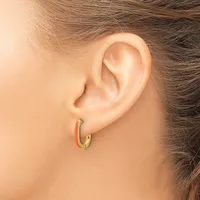 A small hoop earring with red and gold coloring in a person's earlobe, shown from the side view of their ear and neck.