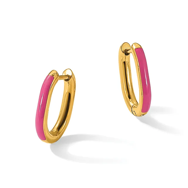 A pair of gold hoop earrings with bright pink enamel inlay, shown from two angles against a white background.