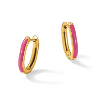 A pair of gold hoop earrings with bright pink enamel inlay, shown from two angles against a white background.