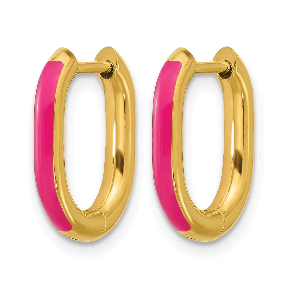 Pair of gold-toned hoop earrings with bright pink enamel inlay on the outer curved surface, shown from the front.