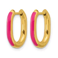 Pair of gold-toned hoop earrings with bright pink enamel inlay on the outer curved surface, shown from the front.