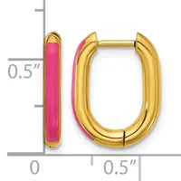 Gold-toned oval hoop earrings with pink enamel inlay on the inner surface, shown next to a measurement scale indicating 0.5 inches in height.