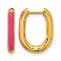 A pair of gold-plated hoop earrings with hot pink enamel accents, shown from the front and side view.