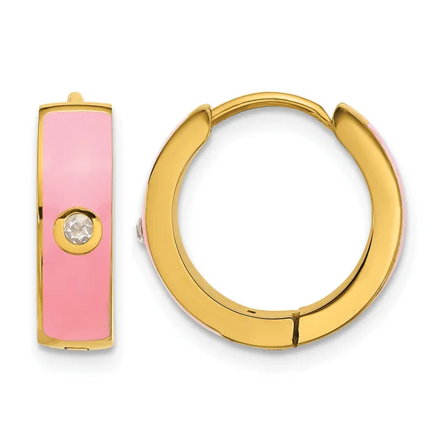 Gold hoop earrings with pink enamel on one earring featuring a small white stone, shown as a pair from front and side views.