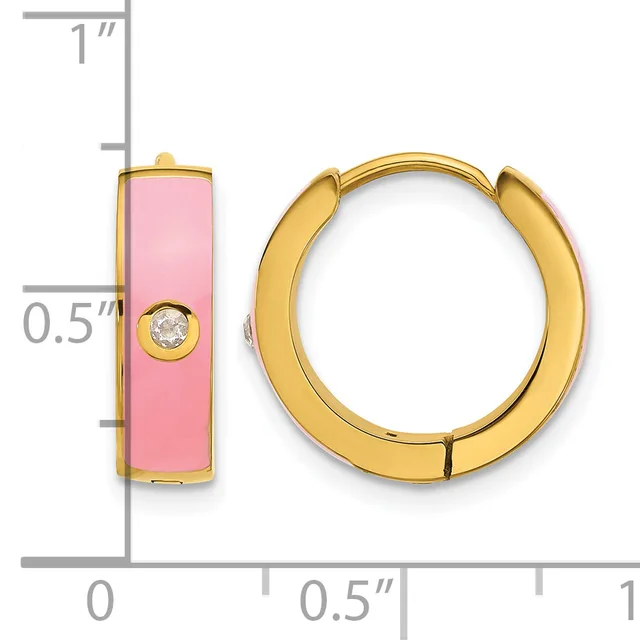 Gold-toned huggie hoop earrings with pink enamel panels and small round diamond accents, shown front and side view with measurement scale.