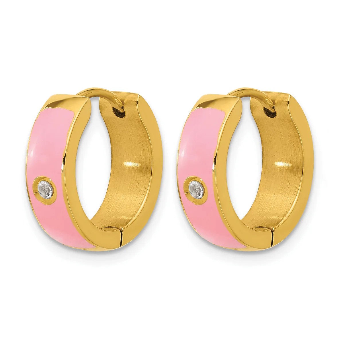 A pair of gold hoop earrings with pink enamel coating and small diamond accents, shown from the front against a white background.