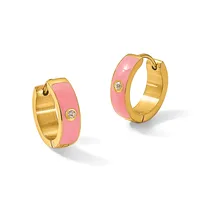A pair of gold hoop earrings with pink enamel coating and small yellow gemstone accents, shown from a three-quarter view.