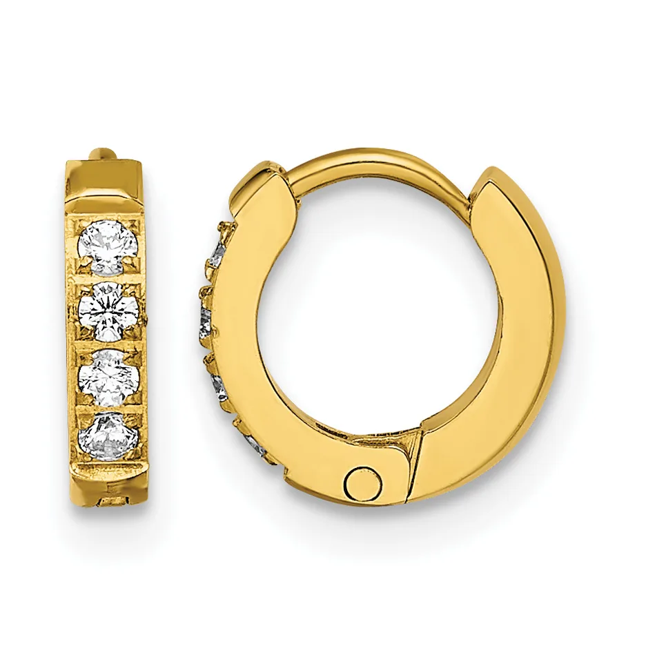 A pair of gold hoop earrings with hinged closures, featuring four round diamonds set along the front of each hoop.