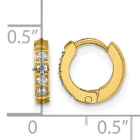 Gold-colored hoop earrings with cubic zirconia stones set along the front, shown with measurement scale indicating approximately 0.5 inches in diameter.