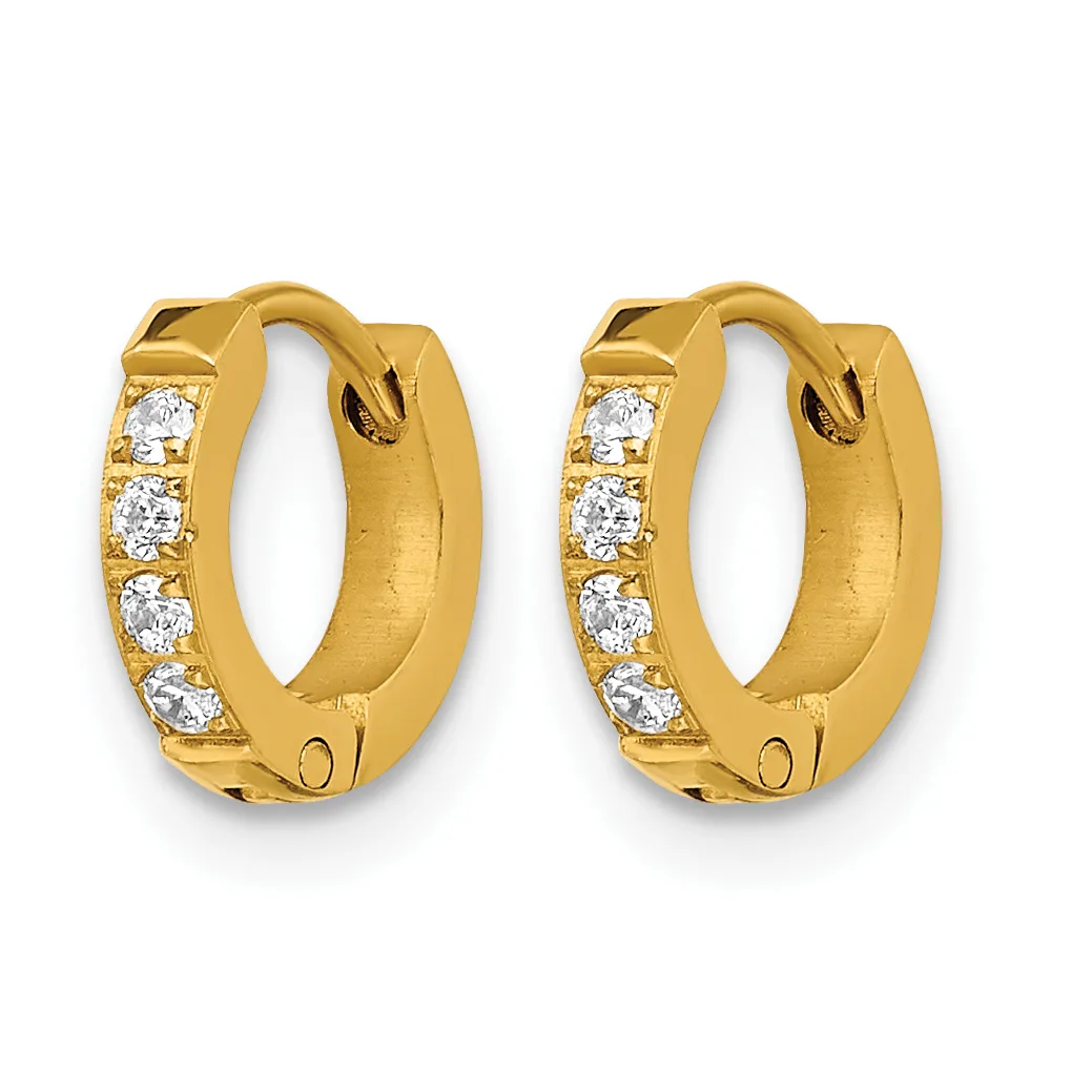 A pair of gold hoop earrings with round diamonds set along the outer edge and hinged closures.