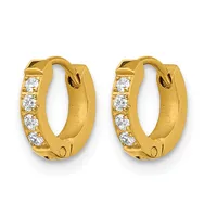 A pair of gold hoop earrings with round diamonds set along the outer edge and hinged closures.