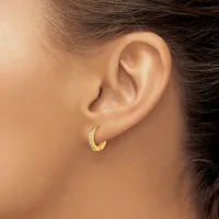 A gold hoop earring with diamond or crystal embellishments worn in a person's earlobe, shown in profile view.
