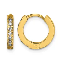 A pair of gold hoop earrings with hinged closures, one shown from the front and one from the side, both decorated with round white diamonds set along the outer surface.