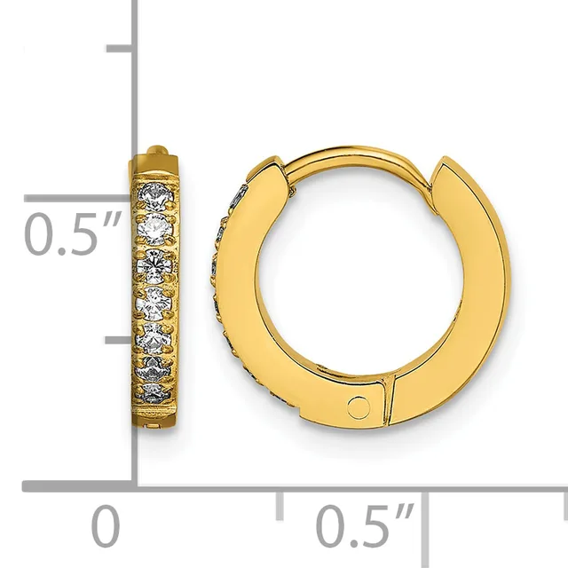Gold hoop earrings with cubic zirconia stones set along the outer surface, shown with a measurement scale indicating approximately 0.5 inches in diameter.