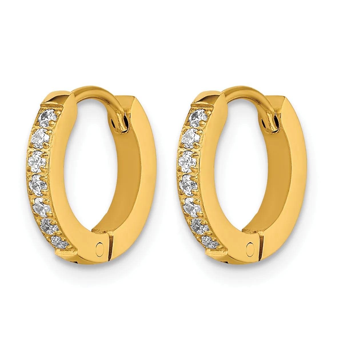 Pair of gold hoop earrings with hinged closures, decorated with round diamonds set along the outer edge.
