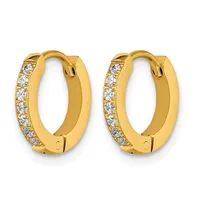 Pair of gold hoop earrings with hinged closures, decorated with round diamonds set along the outer edge.