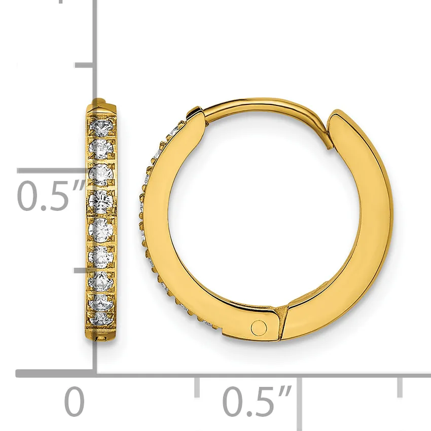 A pair of gold hoop earrings with cubic zirconia stones set along the front, displayed next to a measurement ruler showing approximately 0.5 inch diameter.