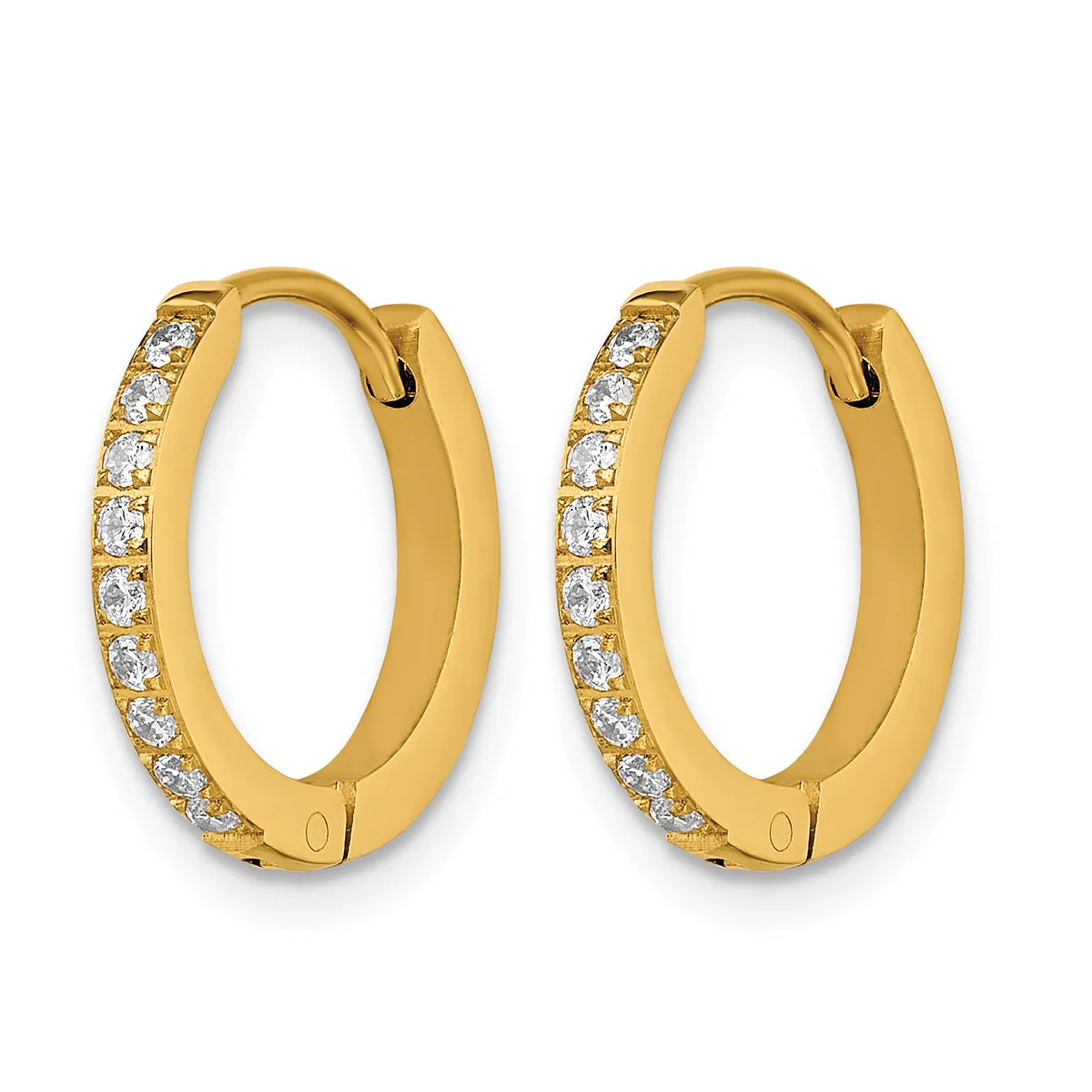 A pair of gold hoop earrings with diamond accents along the outer edge and hinged closures.