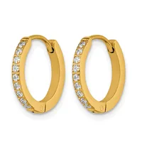 A pair of gold hoop earrings with diamond accents along the outer edge and hinged closures.
