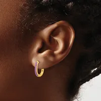 A person wearing a purple and gold hoop earring in their earlobe, shown in profile against their skin tone.