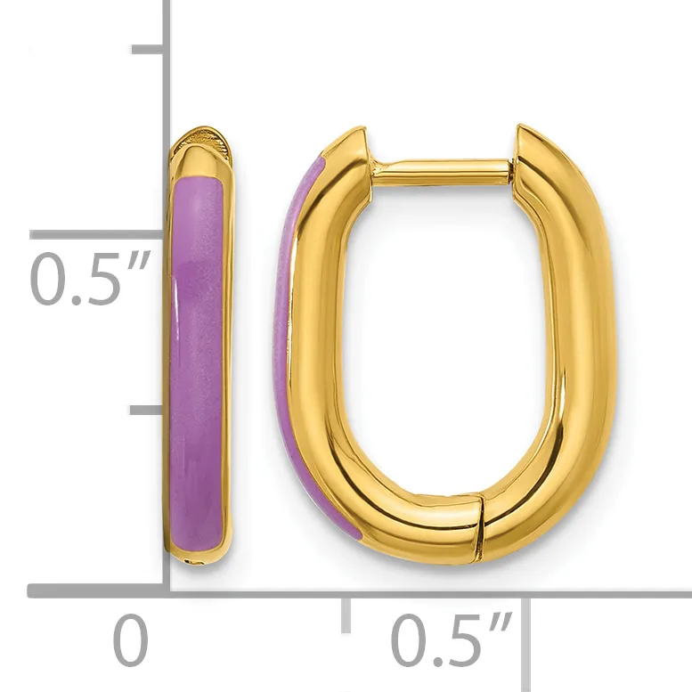 Pair of gold-toned oval hoop earrings with purple enamel inlay on the inner surface, shown next to a measurement scale indicating approximately 0.5 inches in height.