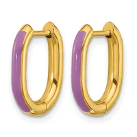 A pair of gold-toned hoop earrings with purple enamel inlay on the outer surface, shown from the front.