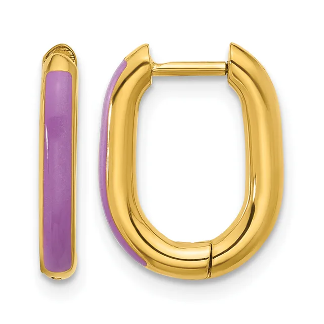 A pair of gold-plated hoop earrings with purple enamel inlay, shown from front and side views.