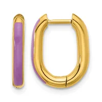 A pair of gold-plated hoop earrings with purple enamel inlay, shown from front and side views.
