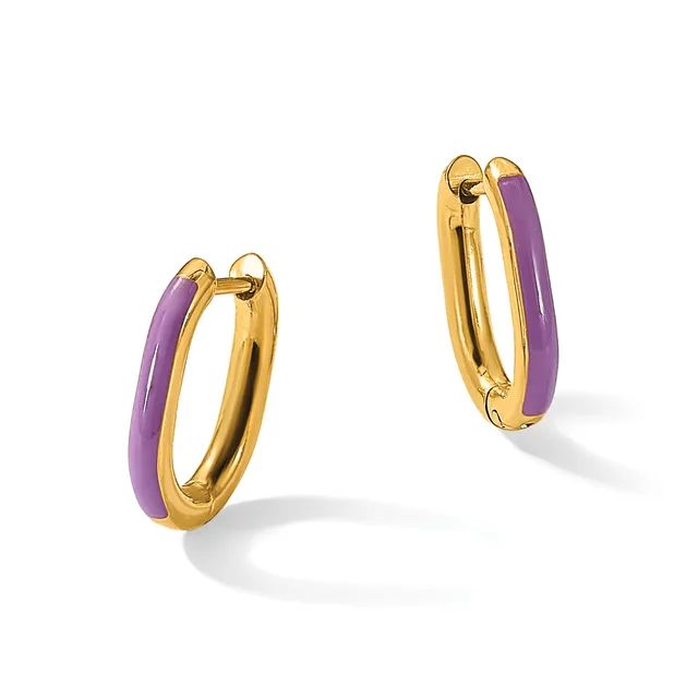 A pair of gold hoop earrings with purple enamel inlay, shown from two angles against a white background.
