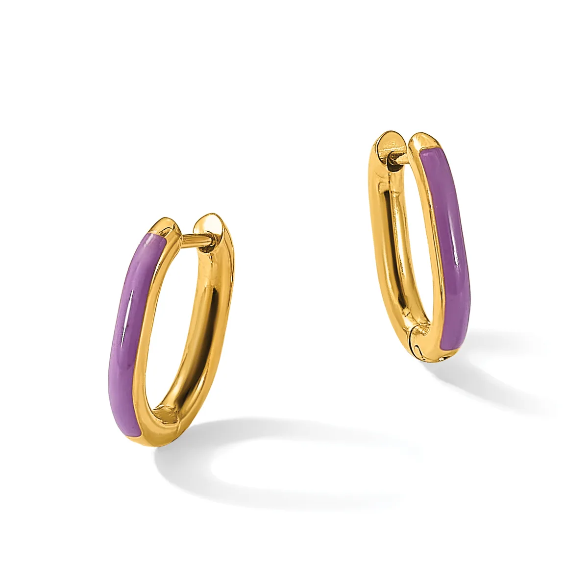 A pair of gold hoop earrings with purple enamel inlay, shown from two angles against a white background.