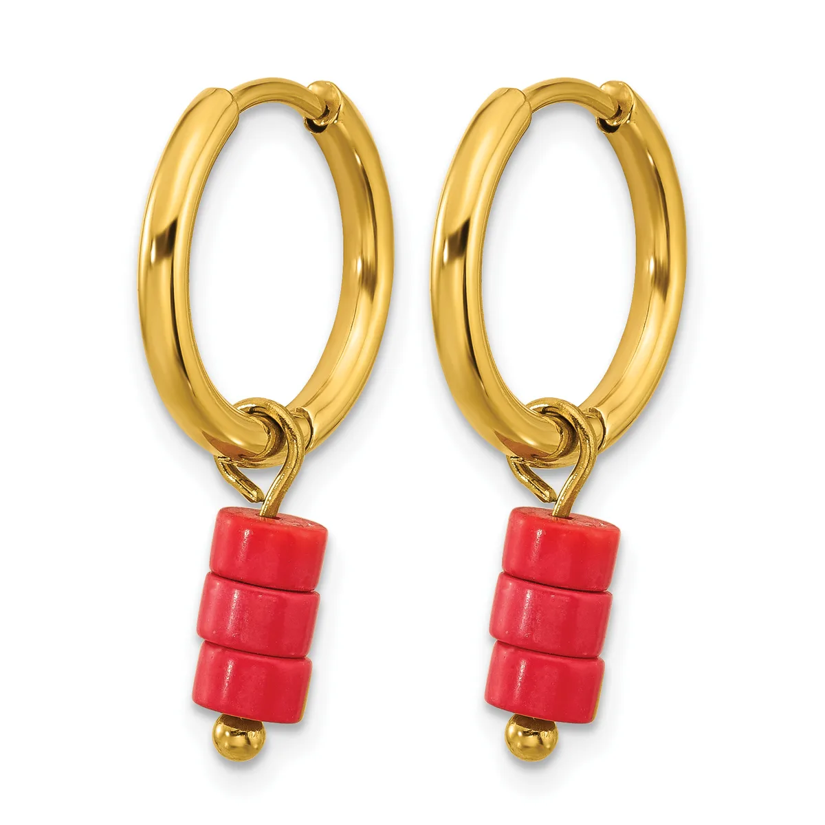 A pair of gold-colored hoop earrings with red cylindrical bead charms hanging from the bottom of each hoop.